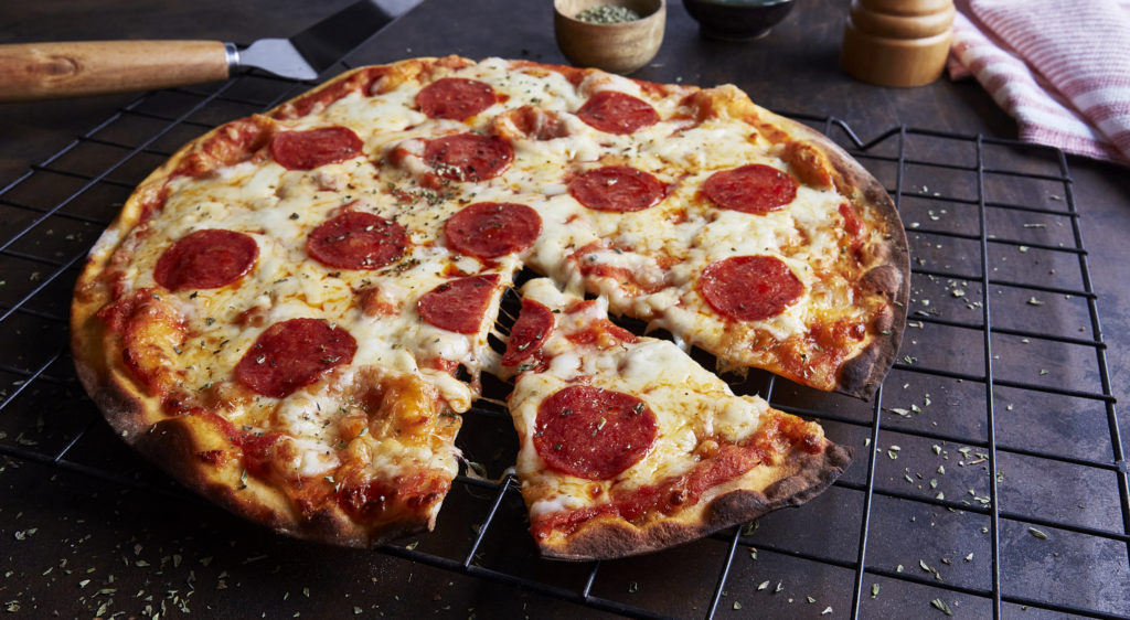 High angle view of pizza on table