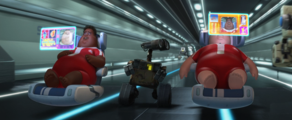 A scene from WALL-E where two people are having a video call despite being next to each other