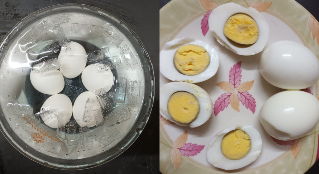 Side by side pictures of eggs hard boiled using the 5-5-5 method