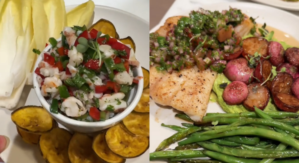 A split image showing the shrimp ceviche and pan-seared grouper that private chef Stephany Victoria prepared for her NBA player client
